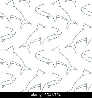 Nahtloses Muster von Haien im Linienart-Stil, die auf weißem Hintergrund schwimmen, für maritimes und maritimes Design. Stock Vektor