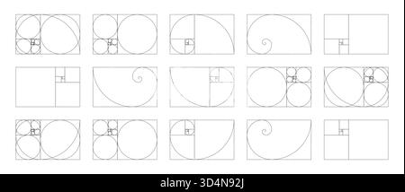 Horizontaler Fibonacci-Zahlenanordnung mit 15 Elementen. Vorlage für harmonische Proportionen des goldenen Verhältnisses. Stock Vektor