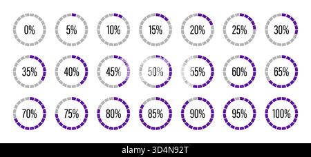 Vorlage für den Indikator für die Füllung von Tortendiagrammen in violetter und grauer Farbe. Violette Fortschrittsbalken. Fortschritt beim Laden des Runden-Diagramms festgelegt. Symbole für Kreisdiagramme für Stock Vektor