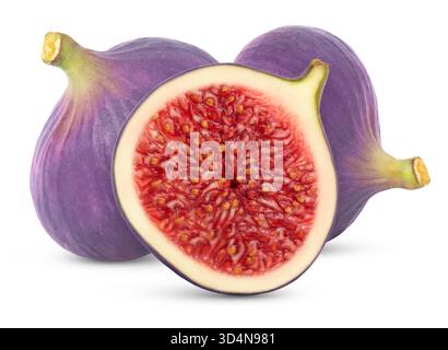 Abb. isoliert. Feigen und eine halbe Feige auf weißem Hintergrund. Gruppe der Feigen Stockfoto