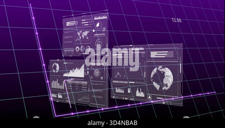 Anzeige von vier holografischen Dashboards in virtuellem Analytics-Hub, Anzeige von magentafarbenem Liniendiagramm, Kugel Stockfoto