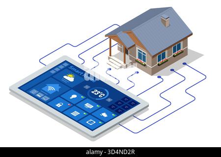 Smart Home Tablet-Schnittstelle Isometrische Darstellung eines Smart Home, das an eine Tablet-Schnittstelle angeschlossen ist, um Temperatur, Beleuchtung und Sicherheit zu steuern Stock Vektor