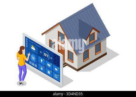 Smart Home Systemsteuerung. Isometrische Darstellung einer Frau, die ein Smart Home-System über ein großes digitales Panel steuert. Energiebegriff Stock Vektor