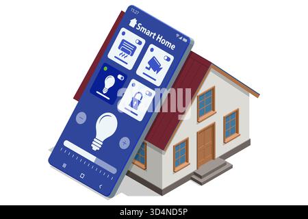 Isometrische Darstellung eines intelligenten Hauses mit Solarpaneelen, modernem Wohnzimmer und Systemen zur Steuerung von Personen über Smartphone. Konzept der Energieeffizienz Stock Vektor