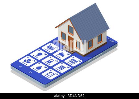 Smart Home Systemsteuerung. Isometrische Darstellung eines Smart Home, das über Smartphone gesteuert wird, mit digitalem Armaturenbrett für Beleuchtung, Klima und Sicherheit Stock Vektor