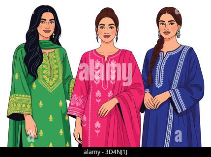 Illustration von drei Frauen in traditionellen Salwar Kameez Outfits mit Stickerei Stock Vektor