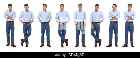 Junger Mann, der blaue Jeans auf weißem Hintergrund trägt. Satz von Porträts Stockfoto