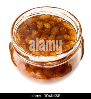 Offenes Glas mit armenischer weißer Maulbeermarmelade isoliert auf weißem Hintergrund Stockfoto