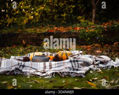 Campingkessel hängt im Herbstbaum Stockfoto
