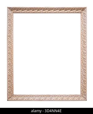 Blank verwendeter schmaler vertikaler rosafarbener Bilderrahmen mit ausgeschnittener Leinwand auf weißem Hintergrund Stockfoto