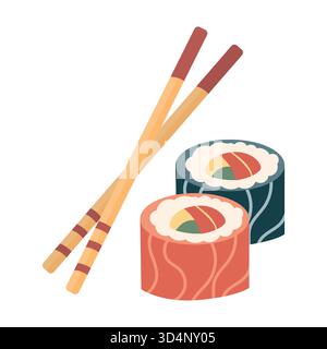 Eine bunte flache Vektor-Illustration von zwei Sushi-Brötchen mit Essstäbchen ein populäres und traditionelles japanisches Essen Stock Vektor