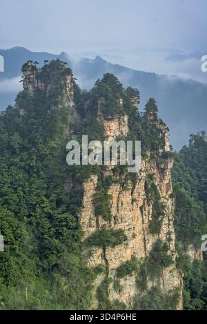Vertikale Ansicht der steinernen Säulen der Tianzi Berge in Zhangjiajie National Park ist eine berühmte Touristenattraktion, Landschaftspark Wulingyuan gelegen, Provinz Hunan, Stockfoto