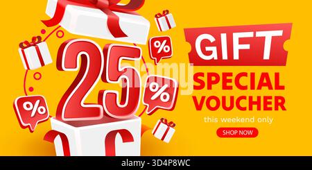 Geschenkgutschein für 25 Angebote. Hellgelber Hintergrund für Werbeaktionen. Vektorabbildung. Stock Vektor