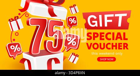 Geschenkgutschein für 75. Angebot. Hellgelber Hintergrund für Werbeaktionen. Vektorabbildung. Stock Vektor