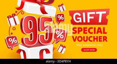 Helles 95-Rabattbanner mit Geschenkgutscheinangebot, Geschenkboxen und „jetzt kaufen“-Taste. Vektorabbildung. Stock Vektor