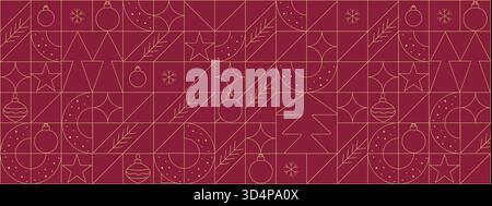 Frohe Weihnachten und Happy New Year geometrischer Hintergrund im Linienstil. Modernes Muster mit minimalistischen goldenen Weihnachtssymbolen. Trendiges luxuriöses Weihnachtsdesign für Banner, Karte, Cover, Poster. Vektorabbildung Stock Vektor