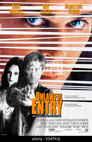 Unlegal Entry (1992) von Jonathan Kaplan mit Kurt Russell, Ray Liotta und Madeleine Stowe. Das Leben eines verheirateten Paares entwirrt sich, wenn ein psychotischer Cop von ihnen besessen wird. Foto eines Original-Posters aus dem Jahr 1992 (USA), das NUR FÜR REDAKTIONELLE ZWECKE VERWENDET WIRD. Quelle: BFA / 20th Century Fox Stockfoto