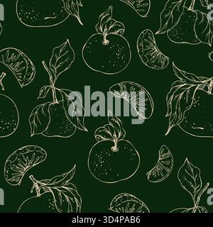 Handgezeichnetes nahtloses Muster mit ganzen Mandarinen, Scheiben und Zitrusblättern. Diese zarte Stylenkunst-Illustration eignet sich perfekt für Lebensmittelverpackungen und Rezepte Stock Vektor