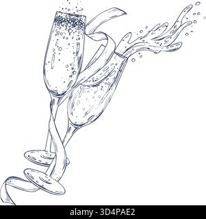 Minimalistische Linienkunst mit zwei Sektgläsern, die mit goldenen Blasen und Satinband toasten. Handgezeichnet in Tinte, perfekt für Hochzeitseinladungen Stock Vektor