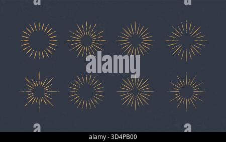 Vintage-Lichtstrahlen, Feuerwerk isoliert auf weißem Hintergrund. Starburst Retro-Designelemente für Logo- und Posterdesign. Symbole bei Sonnenschein. Vintage Hipster Stock Vektor