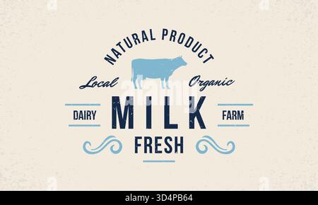 Milk Fresh Logo. Trendiges Logo, Emblem, Poster mit Kuhsilhouette. Vintage-Typografie. Grafische Emblem-Vorlage für Lebensmittelgeschäft, Lebensmittelmarke Stock Vektor