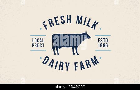 Kuhmilch-Logo. Emblem mit frischer, trendiger Milch. Poster mit Kuhsilhouette. Vintage-Typografie. Postervorlage für Lebensmittelgeschäft, Lebensmittelmarkt, Restaurant Stock Vektor