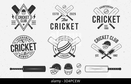 Cricket-Embleme, Logos, Abzeichen-Vorlagen. Set mit 6 Cricket-Logos und 6 Designelementen. Cricketschläger, Ball und Helm isoliert auf weißem Hintergrund. Cri Stock Vektor