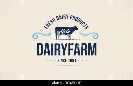 „Milch, Kuh“-Logo. Trendiges Logo, Emblem, Poster mit Kuhsilhouette. Vintage-Typografie. Grafische Emblem-Vorlage für Lebensmittelgeschäfte, Lebensmittelmärkte Stock Vektor