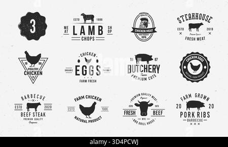 Logo-Set für Nutztiere. Logovorlagen für Lamm, Rindfleisch, Huhn, Schweinefleisch. Viehzucht, Bauernhof-Vintage-Embleme. Trendiger Hipster-Style. Vektorabbildung Stock Vektor