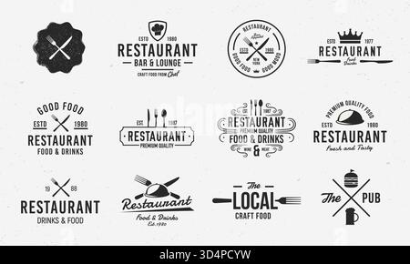 Vector Restaurant-Logo-Set. 11 Embleme des Luxusrestaurants. Cook and Food Retro-Etiketten, Abzeichen, Embleme, Logo. Restaurant, Pub. Logo für Restaurant-Unternehmen Stock Vektor