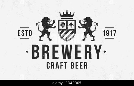 Bierkrug. Craft Beer Vintage-Logo. Brauerei-Logo mit heraldischen Löwen und Kornstruktur. Trendiges Hipster-Design. Logo, Poster für Pub, Restaurant, Stea Stock Vektor