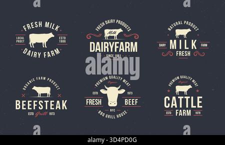 Rindfleisch, Kuh-Logo-Set. Vintage-Rindfleisch-Logo-Vorlagen mit Kuhsilhouette. Rindfleischembleme für Metzgerei, Restaurant, Steakhaus, Restaurant, Grill, gro Stock Vektor