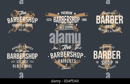 Vintage-Hipster-Logovorlagen für Friseur-Shop. Barbershop-Stempel, Druck, Etikettenset. Friseurladen, Friseur, Friseursalon-Poster-Vorlagen. Vektorillustrat Stock Vektor