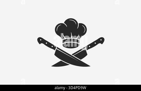 Logo des Küchenchefs mit Hut und Messern. Vintage-Logo von Cooking. Logo für Vorlage „Kochkurse“. Etikett, Abzeichen für Lebensmittelstudio, Kochkurse, culina Stock Vektor