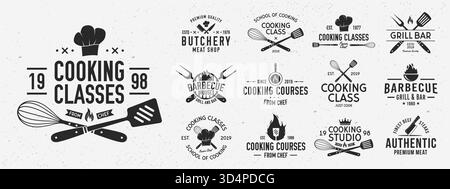 Set mit Logo- und Postervorlagen für den Kochkurs. Barbecue- und Kochkurse Logo-Set für Food Studio, Kochkurse, kulinarische Schule. Restauran Stock Vektor
