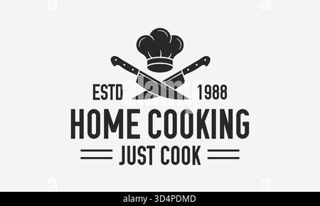 Home Cooking Vintage-Logo. Kochkurse-Logo-Vorlage mit Kochkappe und gekreuzten Messern. Etikett, Abzeichen, Poster für Online-Kurse, Food Studio, Cooks Stock Vektor