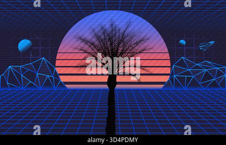 Retro-futuristischer Hintergrund der 1980er Jahre. Futuristischer Retro-Sonnenuntergang mit Lasergittern und Palmensilhouette. SCI-Fi, Vaporwave Hintergrund im Stil der 80er Jahre. Vektor krank Stock Vektor