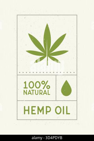 Hanföl Vintage-Etikett. Altes Label-Design mit Wassertropfen und Cannabisblatt-Symbol. Retro-Design-Etikett, Logo, Karte. Vintage-Aufkleber für Cannabis und Hanf Stock Vektor