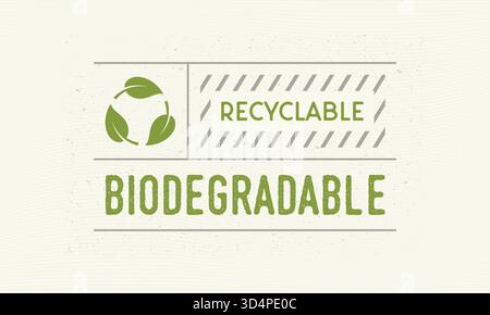 Biologisch abbaubares und recycelbares Vintage-Etikett. Altes Etikett mit Blattsymbolen. Trendiges minimales Design. Etikett, Etikett, Logo, Kartenvorlage. Vintage-Aufkleber für ECO Stock Vektor