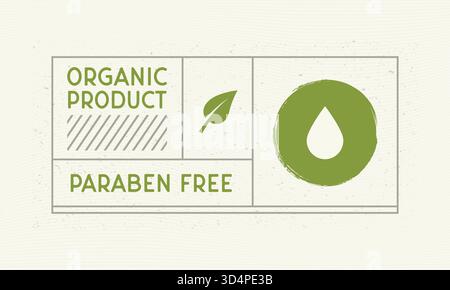 Paraben-freies Vintage-Label. Minimales Design des alten Etiketts mit Wassertropfen und Blattsymbol. Retro-Design-Etikett, Etikett, Logo, Karte. Vintage-Sticker-Vorlage f Stock Vektor