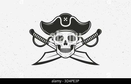 Piratensymbol, Logo, Symbol isoliert auf weißem Hintergrund. Piratensymbol mit Schädel, Hut und gekreuzten Schwertern. Vintage-Druck für T-Shirt, Typografie. Vektor Stock Vektor