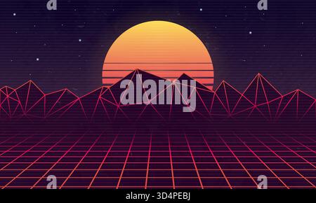 80er Jahre Retro futuristischer Hintergrund mit Lasergitter und Retro Sonnenuntergang. Neon-Retro-Hintergrund für Spiele und Vaporwave-Musik. Vektorabbildung Stock Vektor