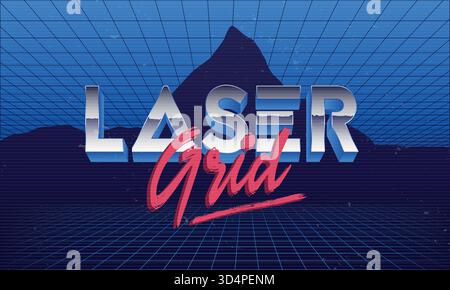 Laser Grid-Logo. Hintergrundvorlage für Retro 80. Logo in Retro-Chrom mit Lasergitter. Hintergrund rückwärts verschieben. Trendiger Stil der 1980er Jahre. Vorlage für Banner, po Stock Vektor
