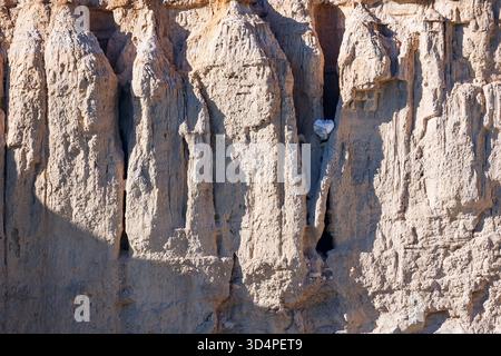 Eine abstrakte Komposition aus dicht gepackten, vertikalen Säulen aus erodiertem Sedimentgestein, geformt von Wasser und Wind, mit tiefen, vertieften Schatten Creatin Stockfoto