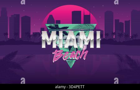 Miami Beach Logo. Hintergrundvorlage für Retro 80. Retro-Sonnenuntergang mit Stadtlandschaft und Palmen. Trendiges Design der 1980er Jahre. Vorlage für Banner, Poster. Retro Stock Vektor