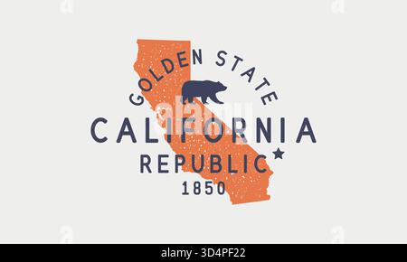 Logo, Emblem, Etikett des Bundesstaats Kalifornien. Der Goldene Staat. Druck für T-Shirt, Typografie. USA Kalifornien Vintage-Design. Karte von Kalifornien. San Francisco, S Stock Vektor