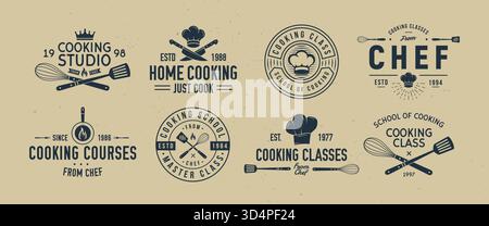 Logosatz für Kochkurs. 8 Kochkurse Embleme Vorlagen. Logo, Poster-Set für Food Studio, Kochschule. Stock Vektor