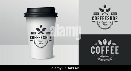 Vektor-Kaffeetasse auf weißem Hintergrund. Trendiges Vintage-Logo, Stickervorlage. Kaffeepapierbecher. Mockup-Vorlage für Kaffeetassen für Logo, Marke, sti Stock Vektor