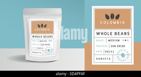 Papier-ZIP-Paketmodell. Design der Kaffeepackung mit Reißverschluss. Vorlage für Verpackungsmodell für Logo, Marke, Aufkleber, Etikett. Vektordarstellung Stock Vektor