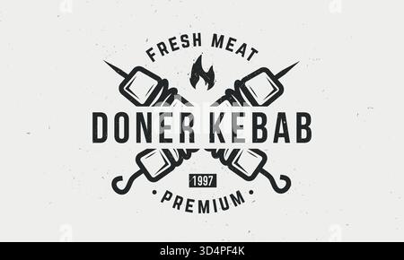 Döner Kebab Vintage-Logo, Postervorlage. Kebab, Shawarma Logo mit Spieß und Feuer isoliert auf weißem Hintergrund. Retro-Poster für Barbecue, Restaurant Stock Vektor